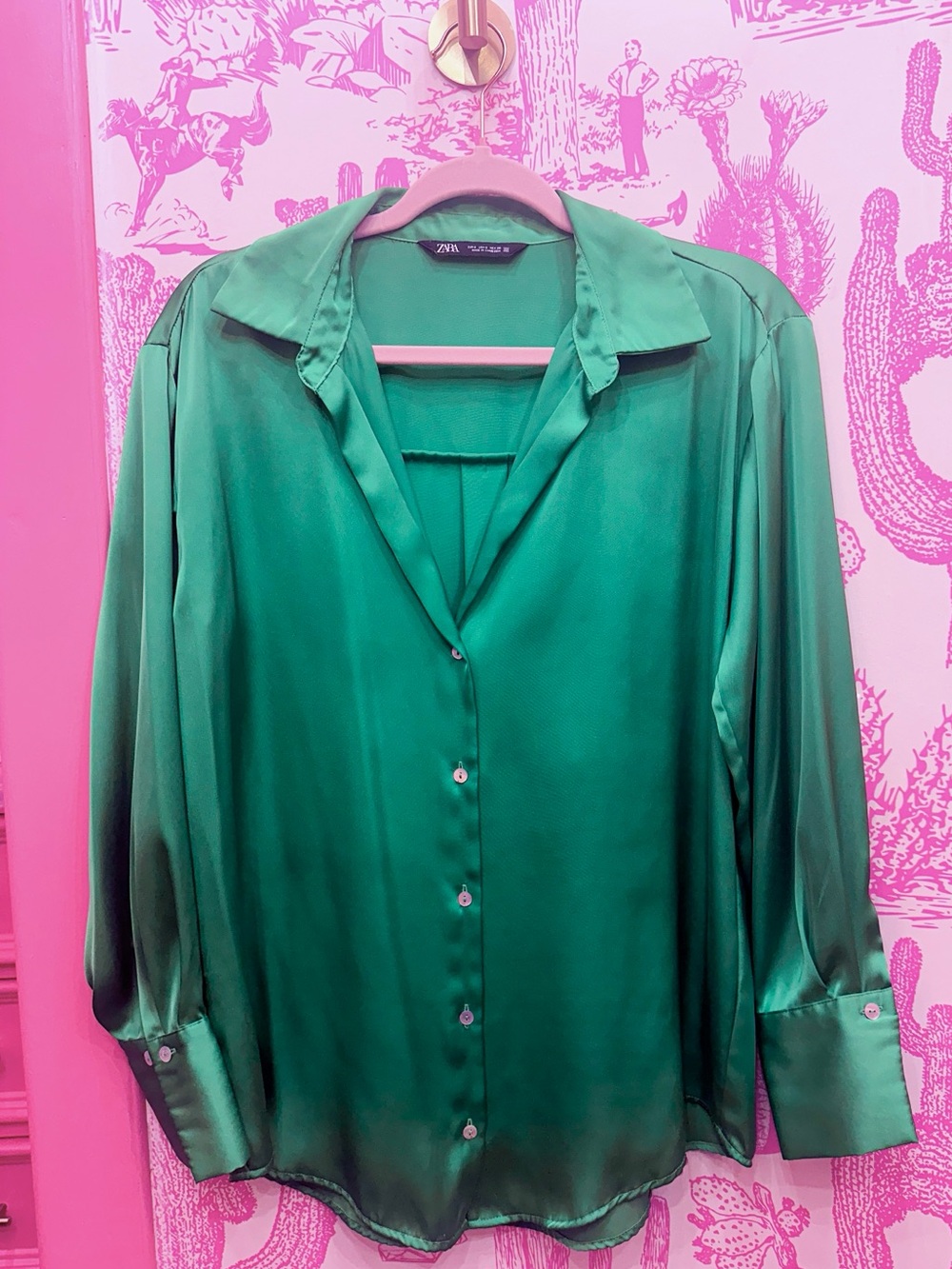 Zara Emerald Green Satin Button-Down Shirt